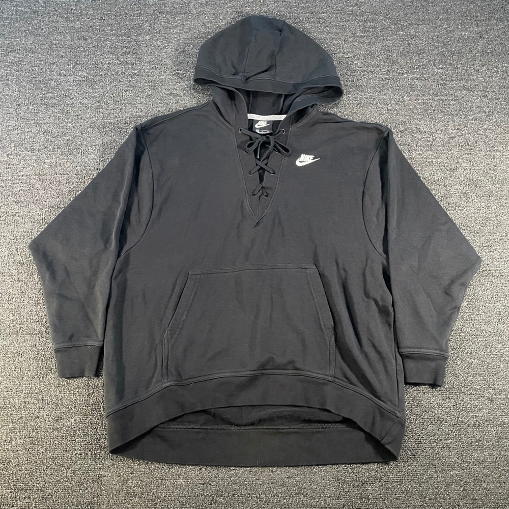 Nike Lace-Up Hoodie Women Size M Black Good 929531-010 V-Neck Pullover